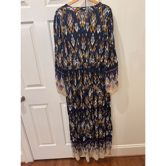 Wonderly Womens XL Navy Blue Ikat Print Embroidered Split Neck Maxi Dress Boho - Picture 7 of 8